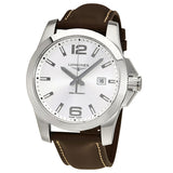 Longines Conquest Silver Dial Brown Leather Men's 43mm Watch #L37604765 - Watches of America