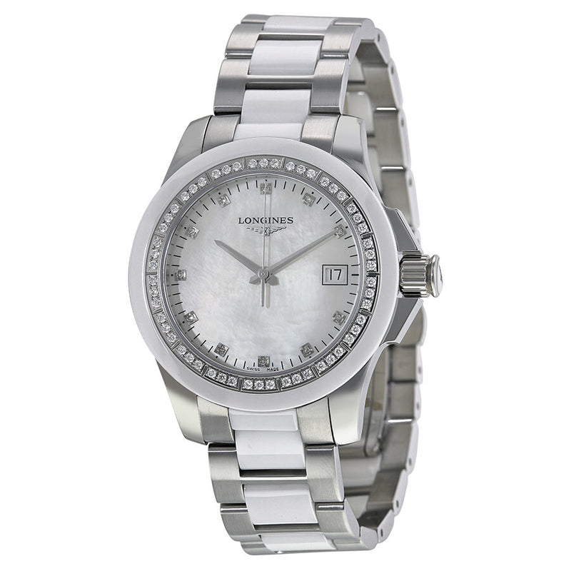 Longines Conquest White Ceramic Diamond Ladies Watch L32810877#L3.281.0.87.7 - Watches of America