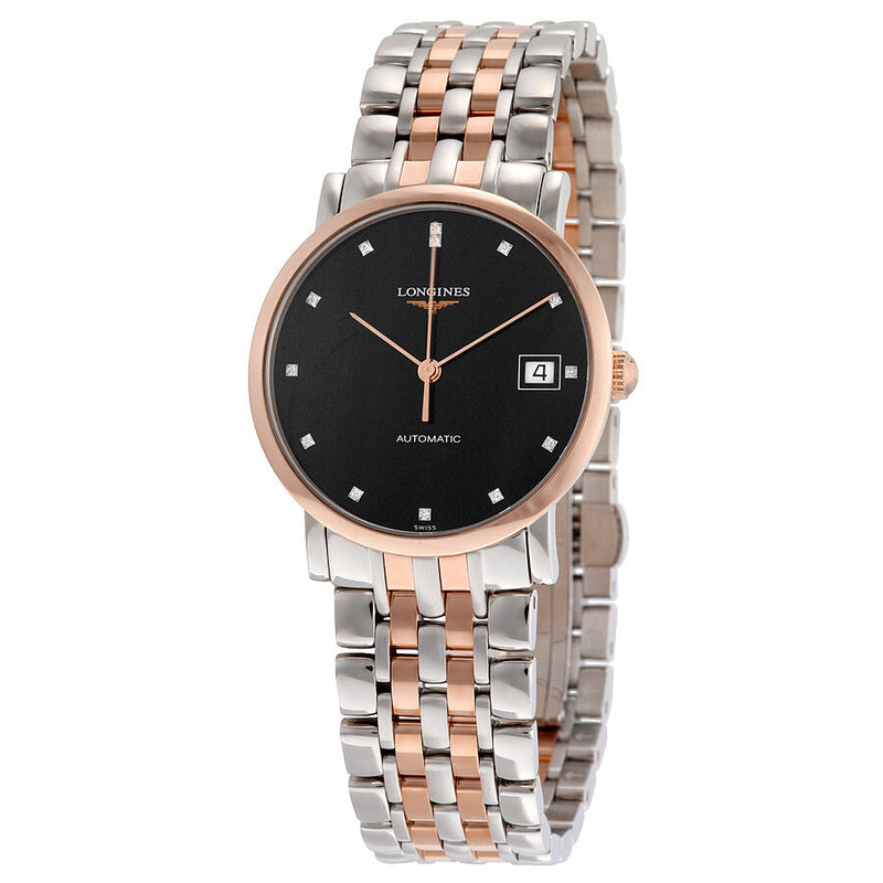 Longines Elegant Automatic Black Diamond Dial Steel and 18kt Rose Gold Ladies Watch L48095577#L4.809.5.57.7 - Watches of America