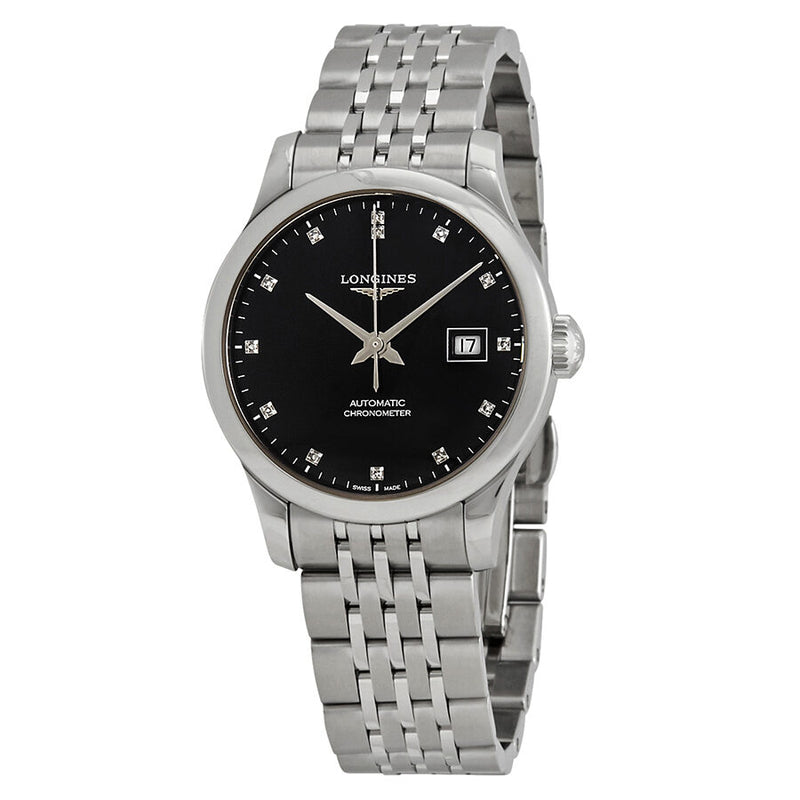 Longines Record Automatic Chronometer Diamond Black Dial Ladies Watch #L2.321.4.57.6 - Watches of America