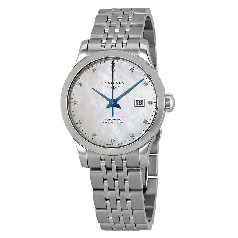 Longines Record Automatic Chronometer Diamond White Mother of Pearl Dial Ladies Watch #L2.321.4.87.6 - Watches of America