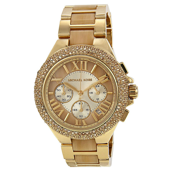 Michael Kors Camille Chronograph Champagne Dial Gold-tone and Horn Acetate Ladies Watch MK5902 - Watches of America