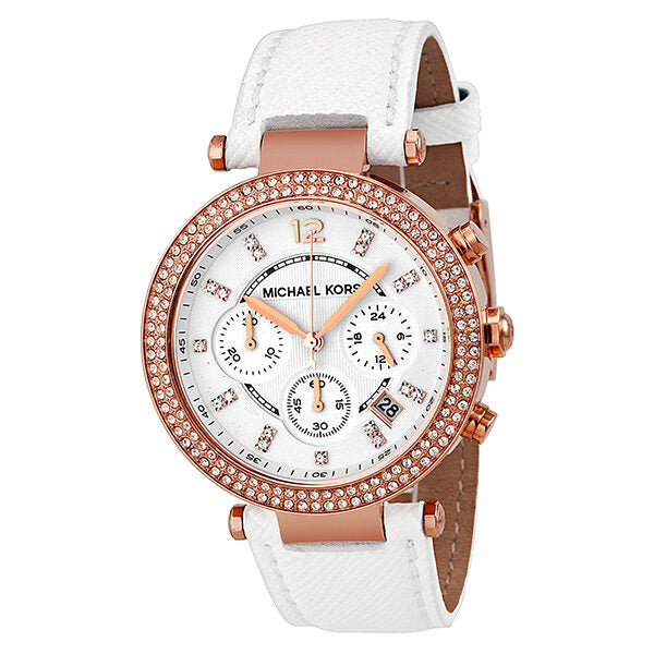 Michael Kors Parker Chronograph Rose Gold-tone White Leather Ladies Watch #MK2281 - Watches of America