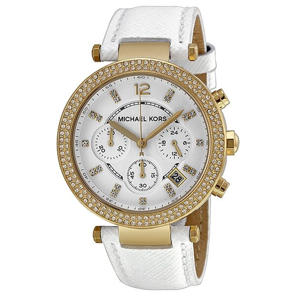 Michael Kors Parker Chronograph Yellow Gold-tone White Leather Ladies Watch #MK2290 - Watches of America
