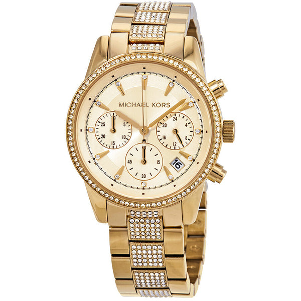 Michael Kors Ritz Pave Chronograph Crystal Gold Dial Ladies Watch MK6484 - Watches of America