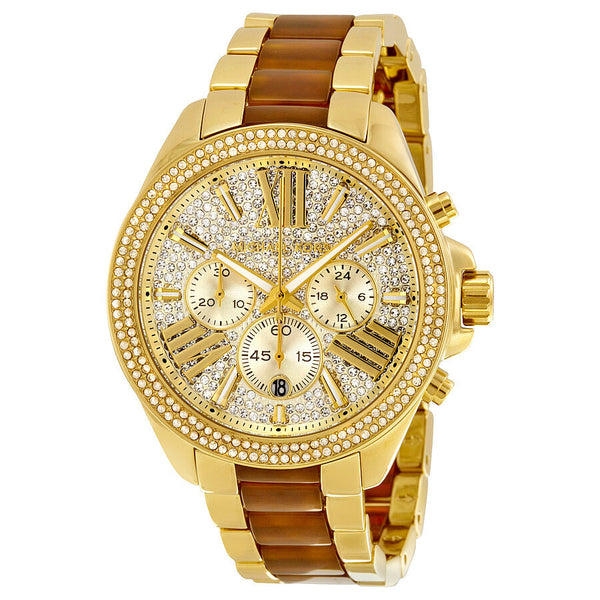 Michael Kors Wren Crystal Pave Dial Chronograph Gold-Tone and Amber Tortoise Acetate Ladies Watch MK6294 - Watches of America
