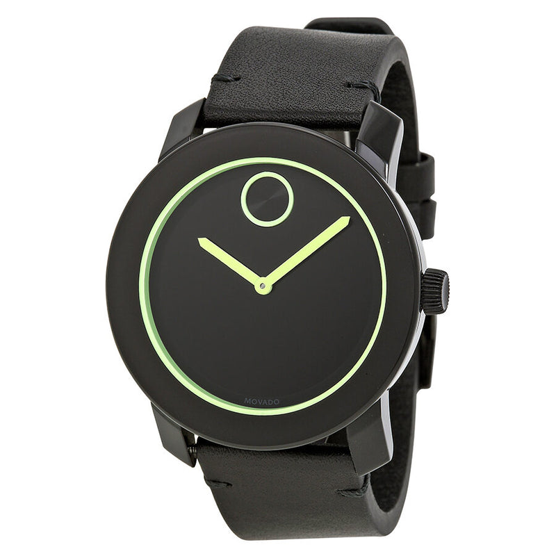Movado Bold Black Dial Green Hands Black Leather Strap Men's Quartz Watch #3600273 - Watches of America