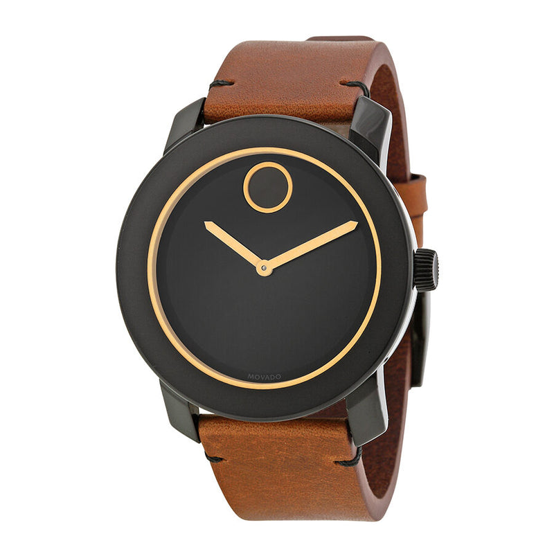 Movado Bold Black Dial Orange Hands Brown Leather Band Men's Quartz Watch #3600274 - Watches of America