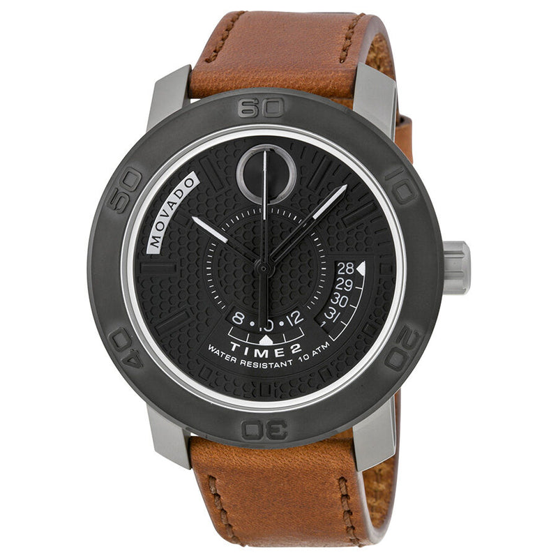 Movado Bold Black Honeycomb-Textured Dial Brown Leather Men's Watch #3600361 - Watches of America