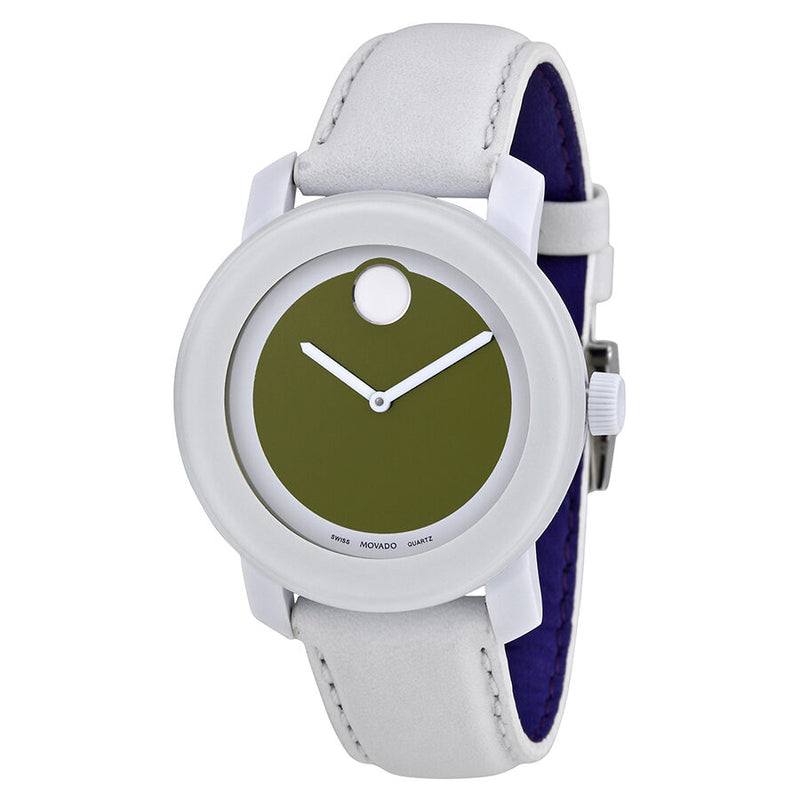 Movado Bold Green Dial White Leather Strap Ladies Watch #3600051 - Watches of America