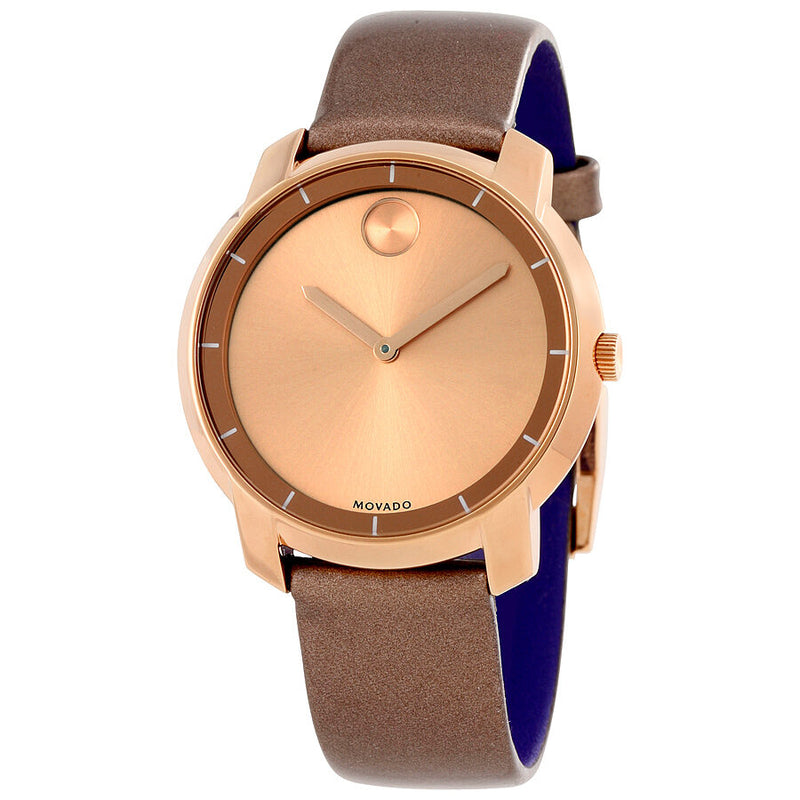 Movado Bold Rose Dial Pearlized Mocha Leather Ladies Quartz Watch #3600313 - Watches of America