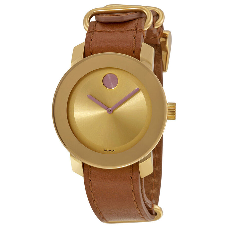 Movado Bold Yellow Gold-Sunray Dial Cognac Colorado Leather Ladies Watch #3600363 - Watches of America