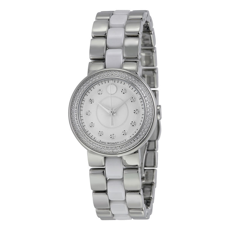 Movado Cerena Silver Dial Stainless Steel White Ceramic Ladies Watch #0606931 - Watches of America