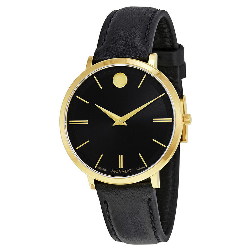 Movado Ultra Slim Black Sunray Dial Black Leather Ladies Watch #0607091 - Watches of America
