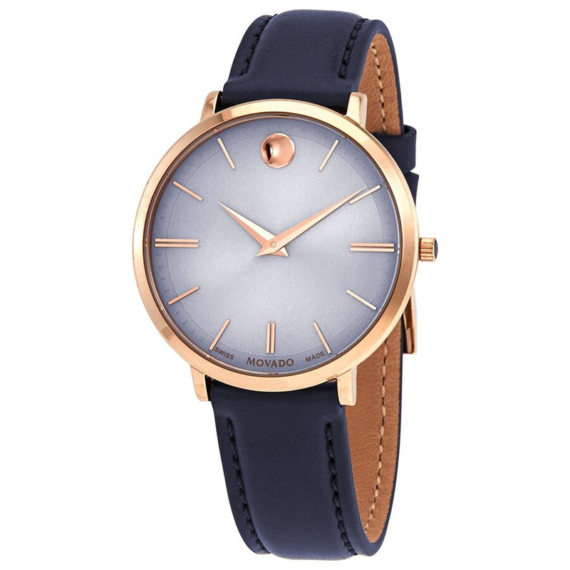 Movado Ultra Slim Pastel Blue Dial Navy Leather Ladies Watch #0607402 - Watches of America