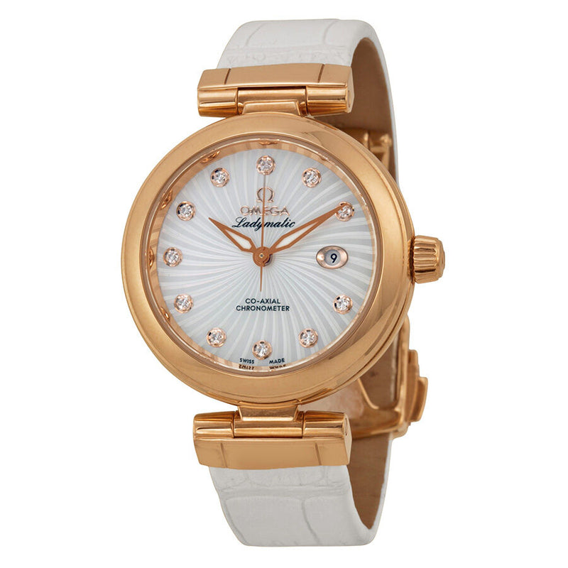Omega De Ville 18kt Rose Gold Mother of Pearl Dial White Leather Ladies Watch 42563342055001#425.63.34.20.55.001 - Watches of America