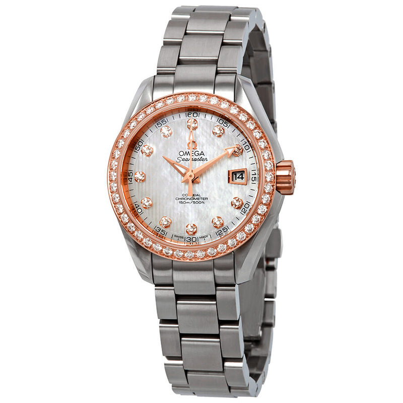 Omega Seamaster Aqua Terra Mother of Pearl Diamond Dial Ladies 18kt Rose Gold/ Steel Watch #231.25.30.20.55.003 - Watches of America
