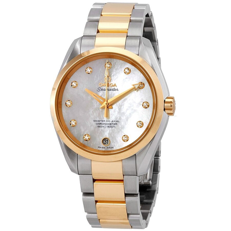 Omega Seamaster Aqua Terra Mother of Pearl Diamond Dial Steel and 18K Yellow Gold Automatic Ladies Watch 23120392155004#231.20.39.21.55.004 - Watches of America