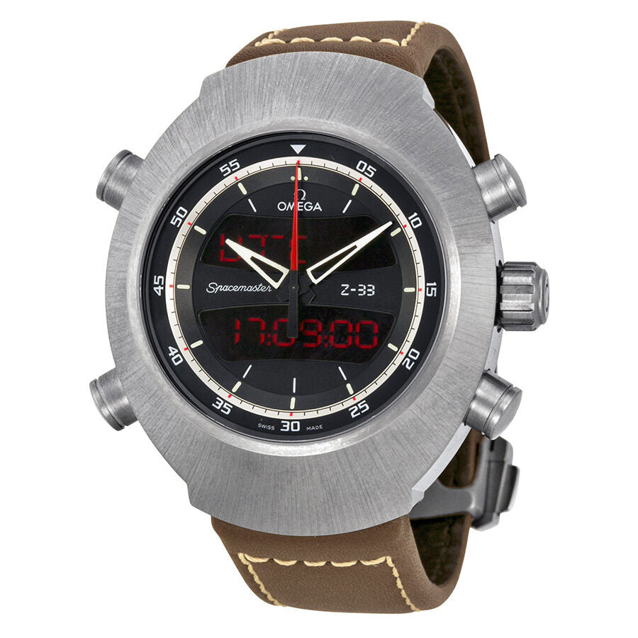 omega speedmaster spacemaster z33 black analogdigital dial brown leather chronograph mens watch 32592437901002