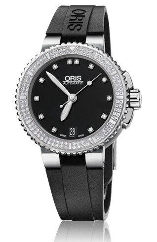 Oris Aquis Date Diamond Black Dial Black Rubber Ladies Watch #01 733 7652 4994-07 4 18 34 - Watches of America