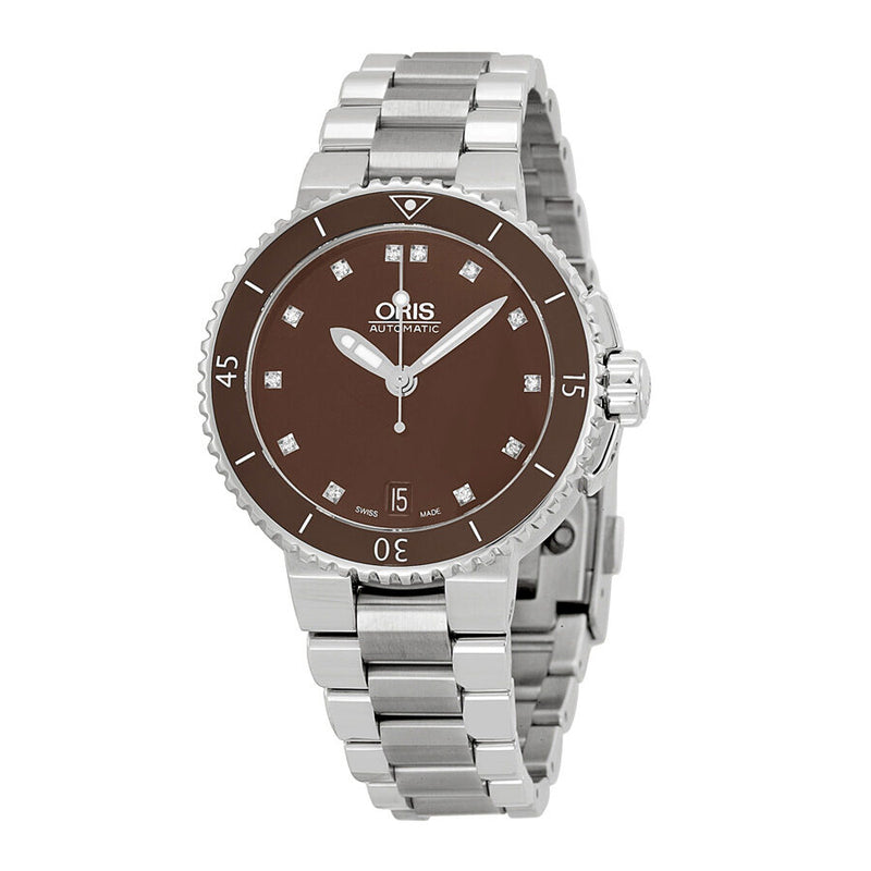 Oris Aquis Date Diamonds Brown Dial Stainless Steel Ladies Watch #01 733 7652 4192-07 8 18 01P - Watches of America