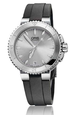 Oris Aquis Date Silver Dial Dark Grey Textile Ladies Watch 01 733 7652 4141-07 5 18 14FC#733-7652-4141TX - Watches of America