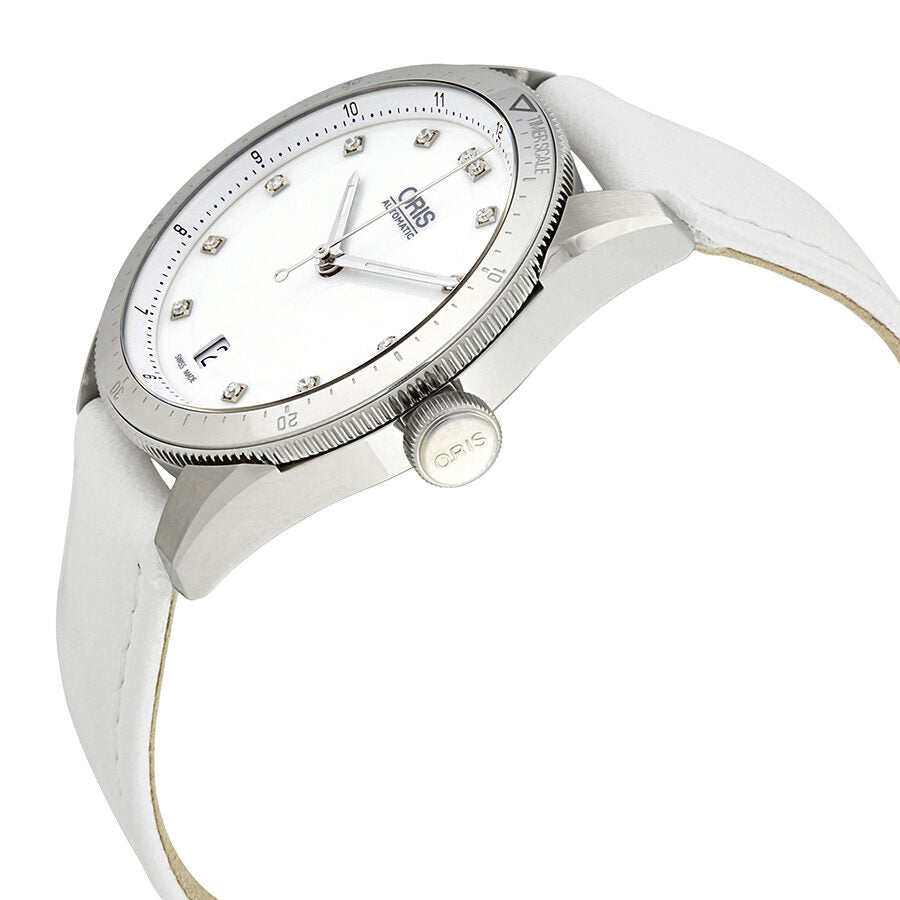 Oris Artix GT Date Diamonds White Dial White Leather Ladies Watch