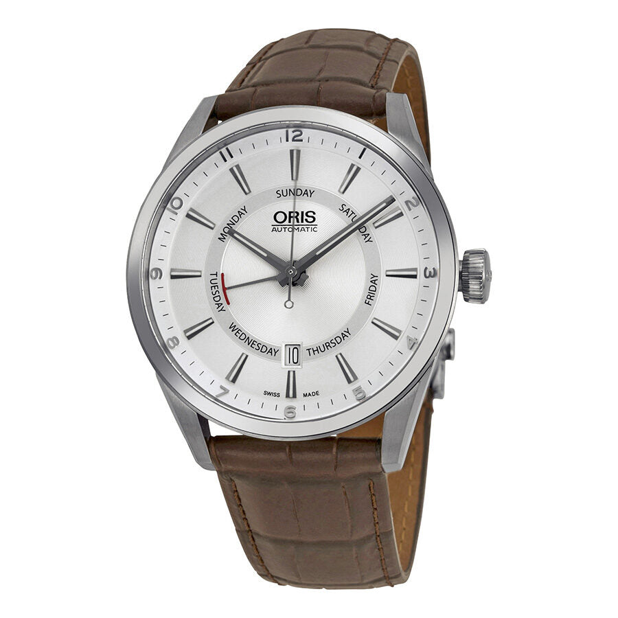 Oris Artix Pointer Day Automatic Silver Dial Brown Leather Men s