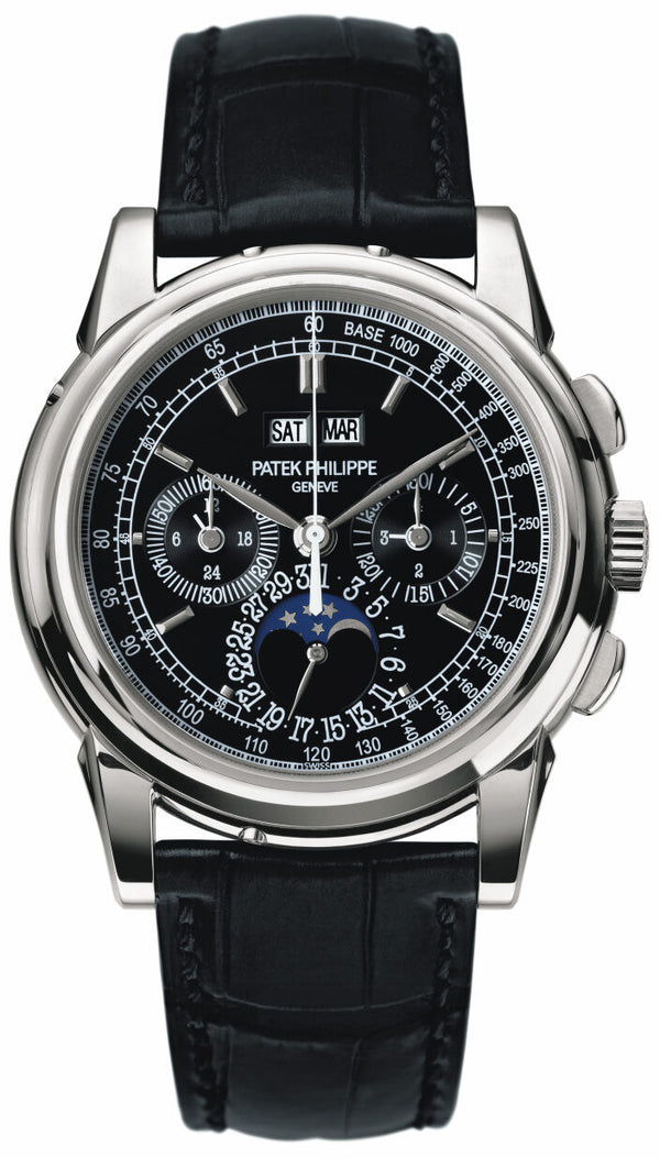 Patek Philippe Black Dial Chronograph Platinum Black Leather Men's Watch #5970P - Watches of America