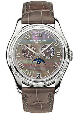 Patek Philippe Black Mother of Pearl Dial 18kt White Gold Brown Leather Automatic Diamond Ladies Watch #4936G-001 - Watches of America