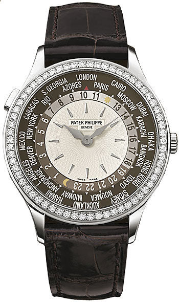 Patek Philippe Brown and Ivory Dial 18kt White Gold Diamond Brown Leather Ladies Watch #7130G-001 - Watches of America