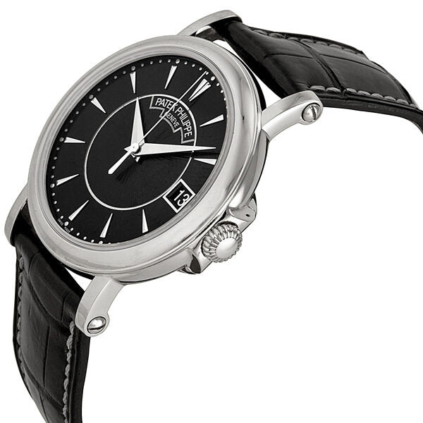 Patek Philippe Calatrava Black Dial 18k White Gold Black Leather Men's Watch #5153G-001 - Watches of America #2