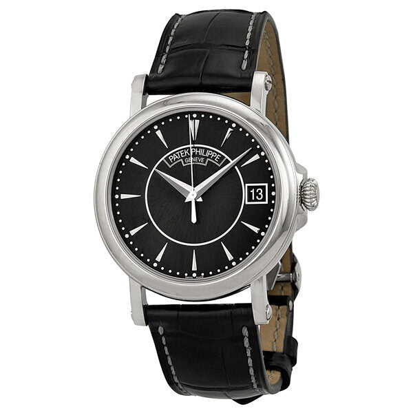 Patek Philippe Calatrava Black Dial 18k White Gold Black Leather Men's Watch #5153G-001 - Watches of America