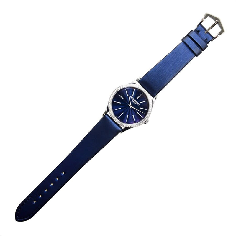 Patek Philippe Calatrava Blue Dial Diamond 18kt White Gold Ladies Watch #4897G-001 - Watches of America #3