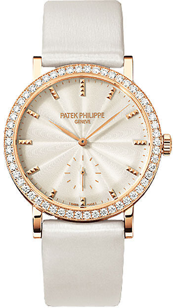 Patek Philippe Calatrava Cream Dial 18kt Rose Gold Diamond Bezel Satin Ladies Watch #7120R - Watches of America