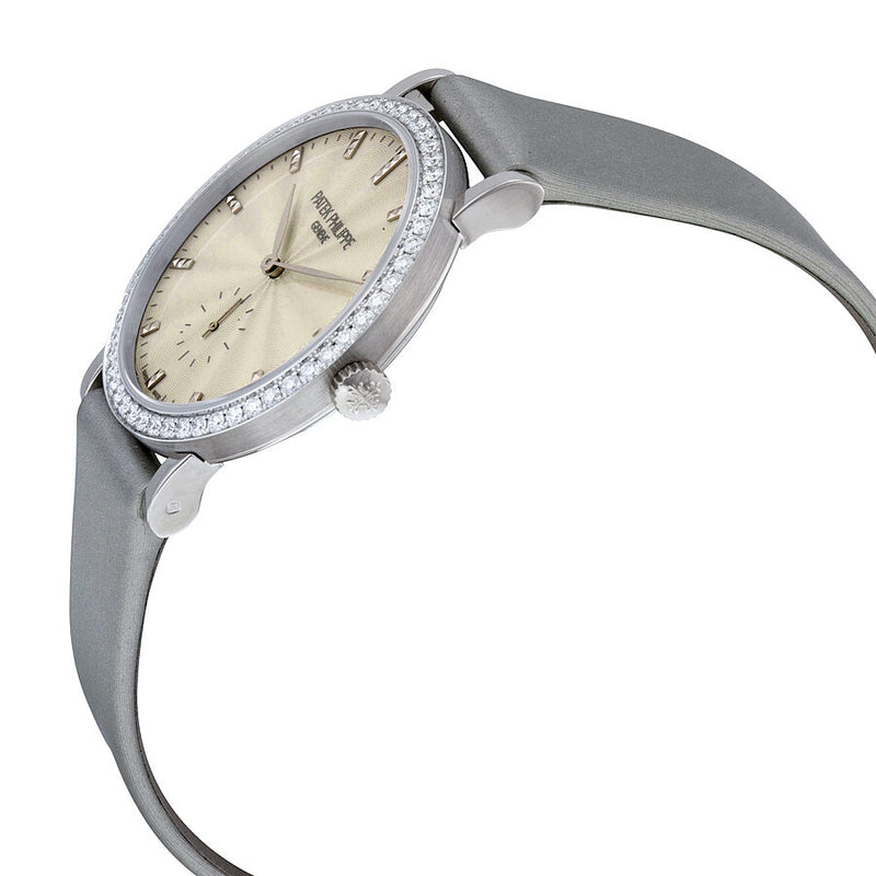 Patek Philippe Calatrava Cream Guilloche Dial 18kt White Gold Diamond Ladies Watch #7120G-001 - Watches of America #2