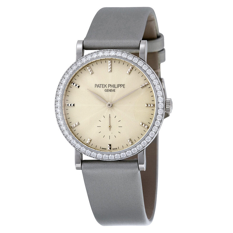 Patek Philippe Calatrava Cream Guilloche Dial 18kt White Gold Diamond Ladies Watch #7120G-001 - Watches of America
