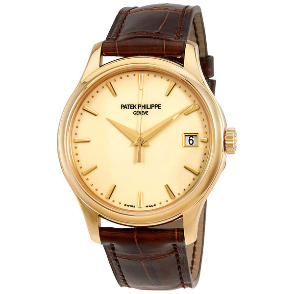 Patek Philippe Calatrava Ivory Dial 18kt Yellow Gold Brown Leather Men's Watch #5227J-001 - Watches of America
