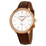 Patek Philippe Calatrava Silver Dial 18k Rose Gold Brown Leather Men's Watch #5123R-001 - Watches of America