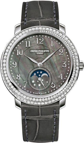 Patek Philippe Complications Black Mother of Pearl Dial Diamond Bezel 18kt White Gold Leather Ladies Watch #4968G-001 - Watches of America