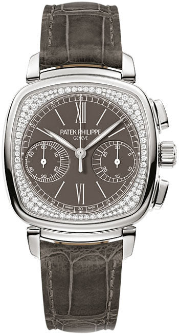 Patek Philippe Complications Pale Grey Dial Pale Grey Leather Ladies Watch #7071G-010 - Watches of America