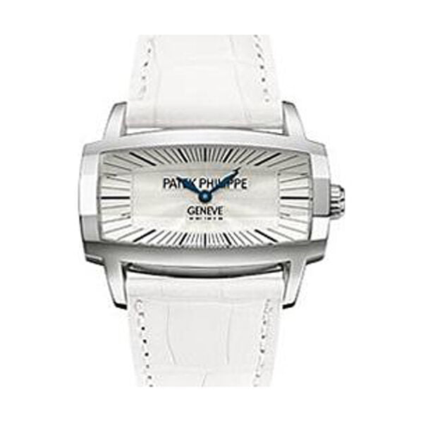 Patek Philippe Gondolo Gemma Mother Of Pearl Dial White Leather Ladies Watch #4980G - Watches of America