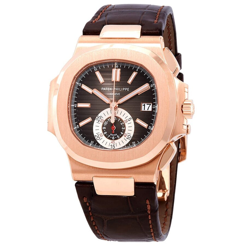 Patek Philippe Nautilus Black-Brown Dial 18kt Rose Gold Case Matt Dark Brown Leather Men's Watch #5980R-001 - Watches of America