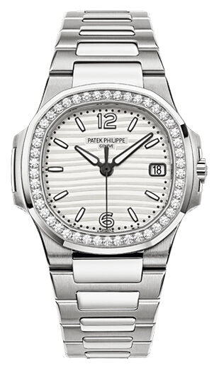 Patek Philippe Nautilus Silvery White Dial Ladies 18 Carat White Gold Set With Diamonds Watch #7010/1G-011 - Watches of America