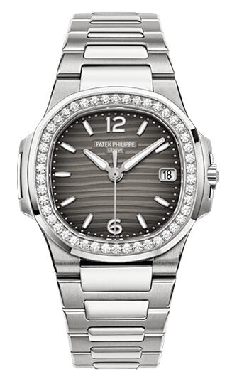 Patek Philippe Nautilus Smoke Grey Dial 18 Carat White Gold Set With Diamonds Ladies Watch 7010/1G-012#7010/1g-012 - Watches of America