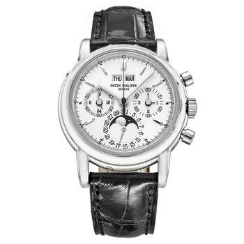 Patek Philippe Perpetual Calendar Silver Dial Platinum Black Leather Men's Watch #3970P - Watches of America