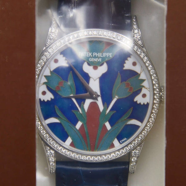 Patek Philippe Rare Handcrafts 'Turkish Motifs Petals & Harmonies' Automatic Diamond Blue Dial Ladies Watch #5077-100G-018 - Watches of America