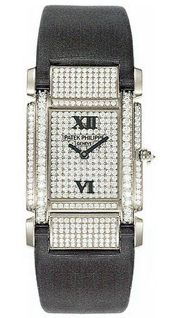 Patek Philippe Twenty-4 18kt White Gold Diamond Dial Satin Strap Ladies Watch #4910G - Watches of America