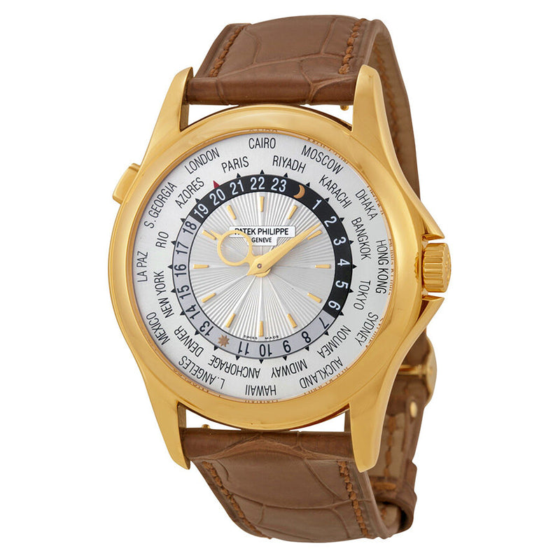 Patek Philippe World Time Silver Dial 18kt Yellow Gold Brown Leather Men's Watch #5130J - Watches of America