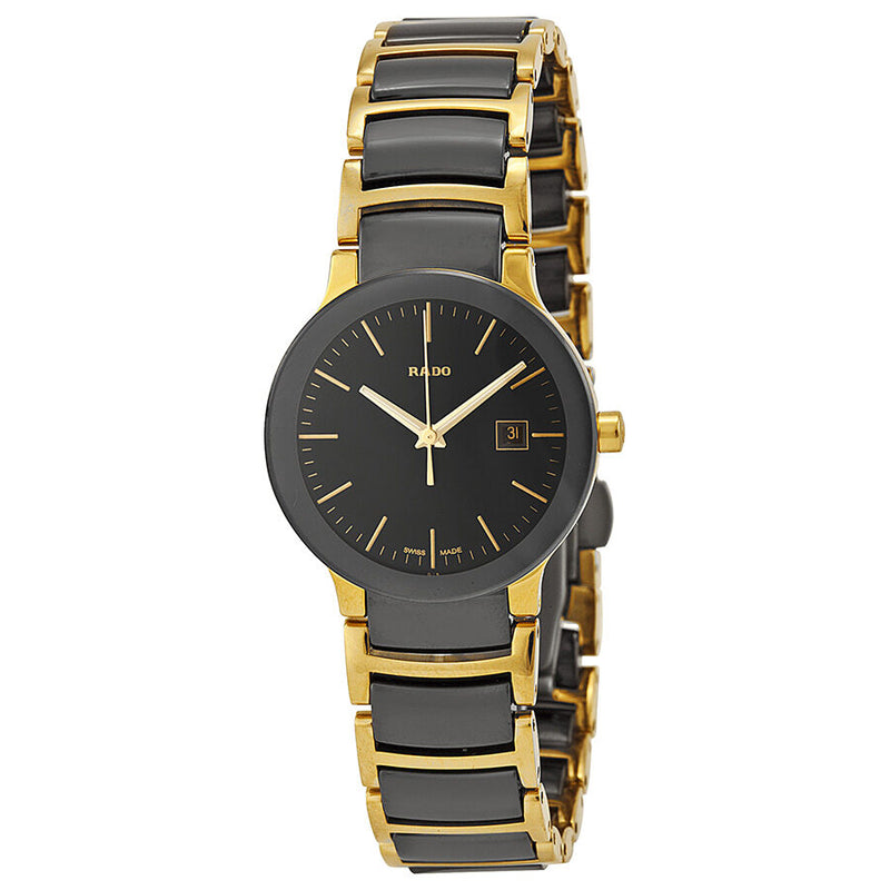 Rado Centrix Black Dial Yellow Gold PVD Black Ceramic Ladies Watch #R30930152 - Watches of America